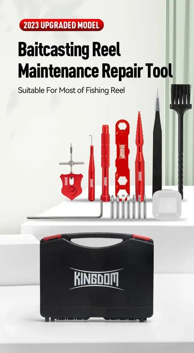 Baitcasting reel maintenance repair tools set with red tools in a black carrying case