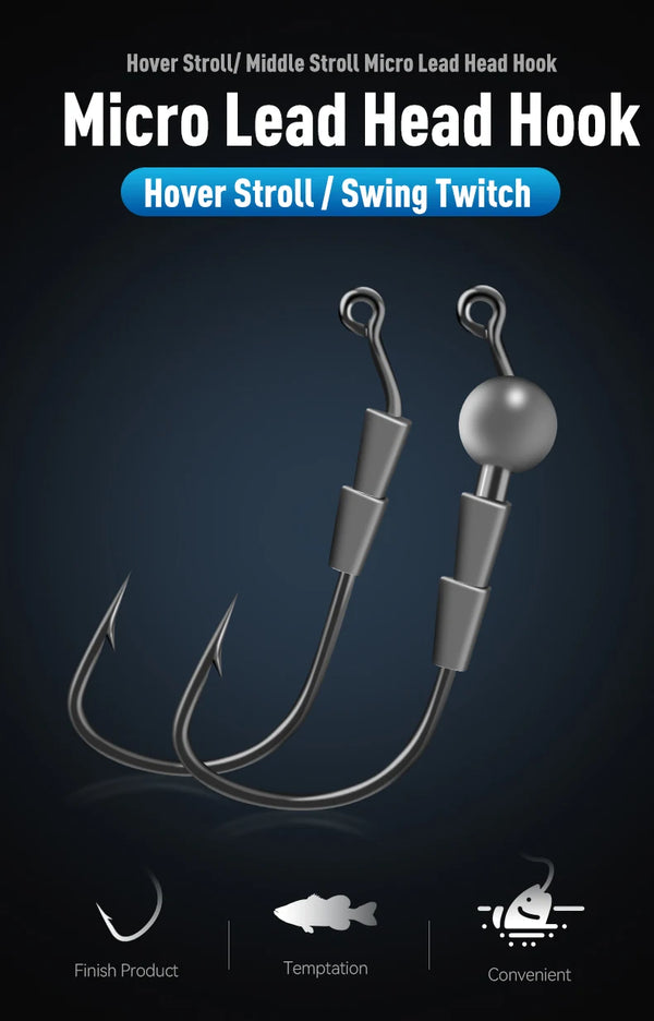 Micro lead head hook set, two jig heads with curved shank and wire hook