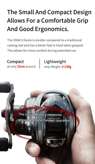 Compact baitcasting reel held in one hand with silver frame and black body