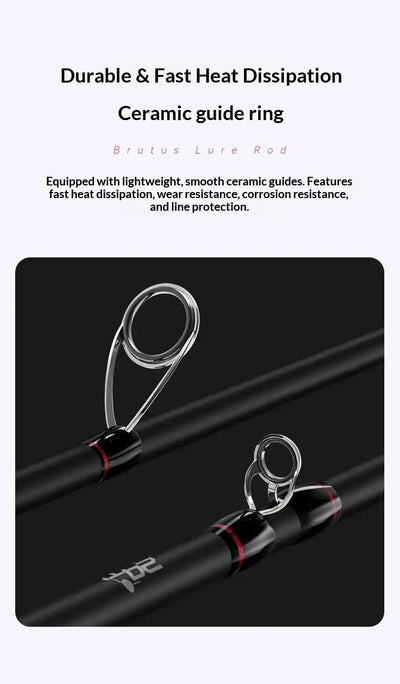 Spinning fishing rod with ceramic guide ring and black rod blank