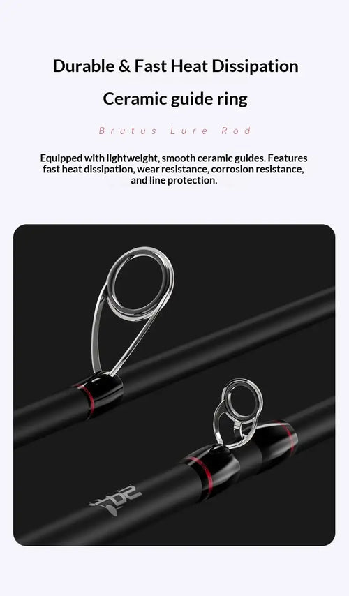 Spinning fishing rod with ceramic guide ring and black rod blank
