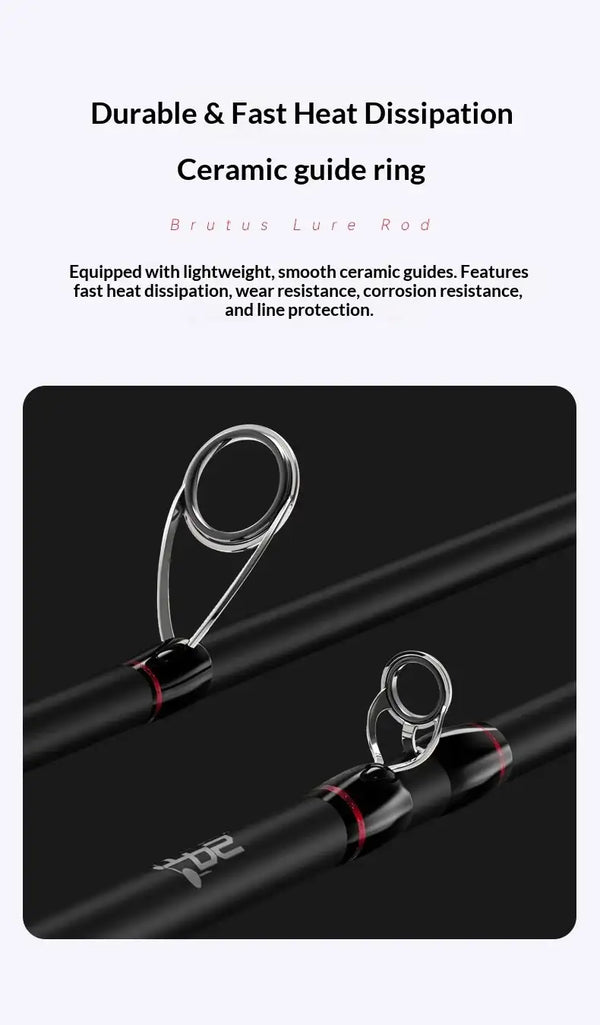 Spinning fishing rod with ceramic guide ring and black rod blank