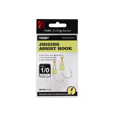 Noeby jigging assist hook package, size 1/0, lime-green heads, needle-point hooks