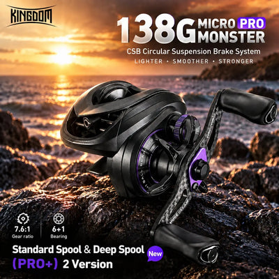 Black baitcasting reel with purple accent spool and star drag dial