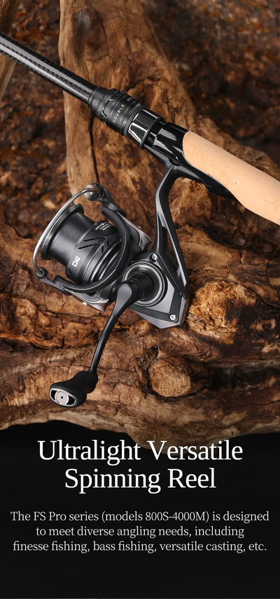 Spinning fishing reel with black body and orange handle on a rocky surface