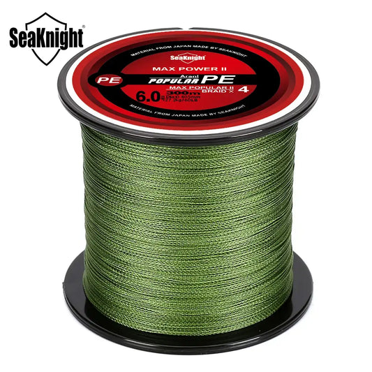 Green 4-strand PE braid fishing line on a spool with SeaKnight label