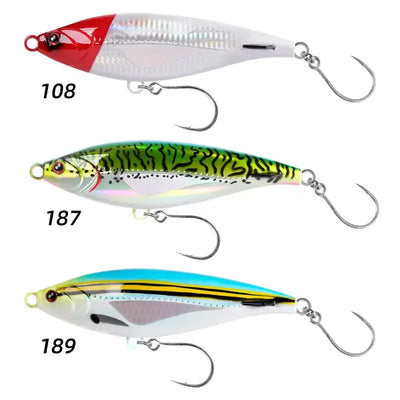 Three stickbait lures: red-white, green tiger pattern, and gold-brown with treble hooks