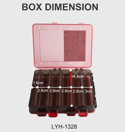 Red and dark plastic double-sided tackle box with 10-compartment grid and clear inner lid
