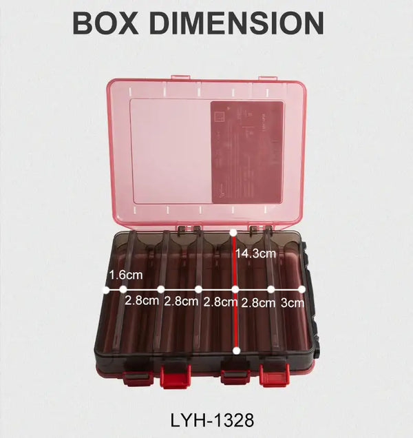 Red and dark plastic double-sided tackle box with 10-compartment grid and clear inner lid