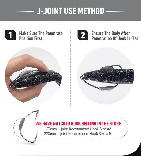 Jointed soft swimbait lure setup, penetration position shown with hook
