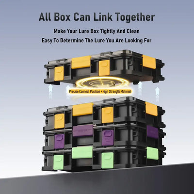Stackable lure storage boxes with black shells and yellow latches, multi-color compartments