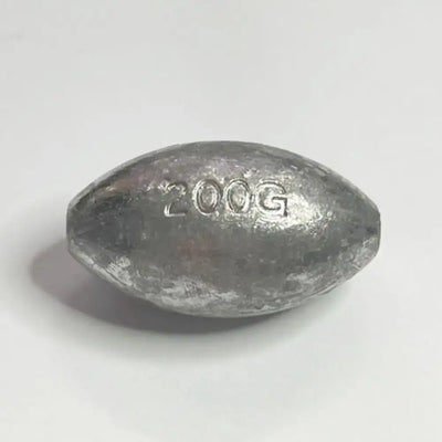 Single olive hollow lead sinker, metallic gray, stamped 200g marking, teardrop shape