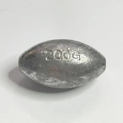 Single olive hollow lead sinker, metallic gray, stamped 200g marking, teardrop shape