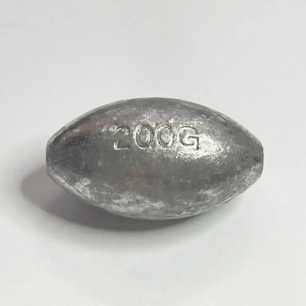 Single olive hollow lead sinker, metallic gray, stamped 200g marking, teardrop shape