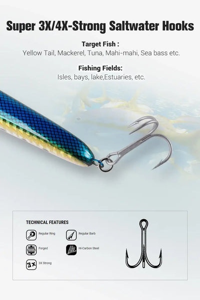 Blue fishing stickbait lure with super-strong saltwater hooks and target fish info