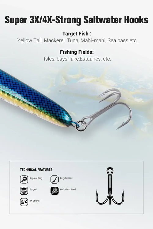 Blue fishing stickbait lure with super-strong saltwater hooks and target fish info