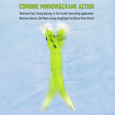 Lime green minnow crankbait lure with white belly and black eye, shown in mid-motion