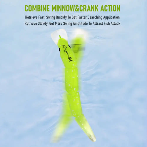 Lime green minnow crankbait lure with white belly and black eye, shown in mid-motion