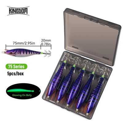 75mm squid jig 5-pack in a clear tackle box with purple striped glowing lures