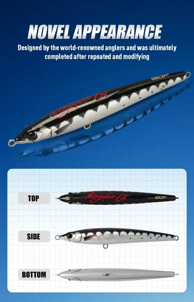White and blue-pattern floating pencil lure, with top, side, and bottom view box