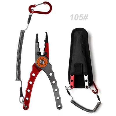 105# split ring pliers set with red handle, stainless jaws, and spring lanyard