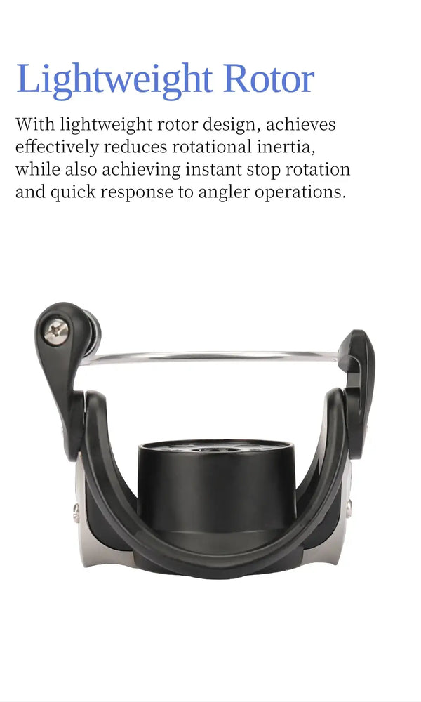 Black spinning reel lightweight rotor, close-up showing bail and spool housing