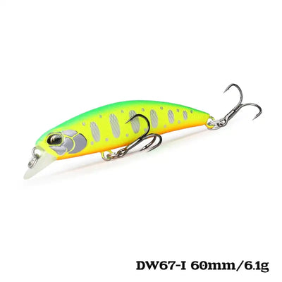 Mini sinking minnow crankbait, DW67-I, neon green/yellow body, 60mm/6.1g, 2 treble hooks