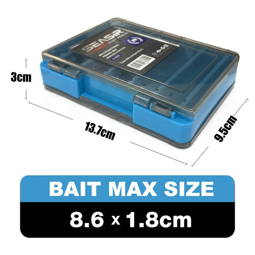 Smoked blue tackle box with clear lid and molded latches, compact multi-compartment organizer