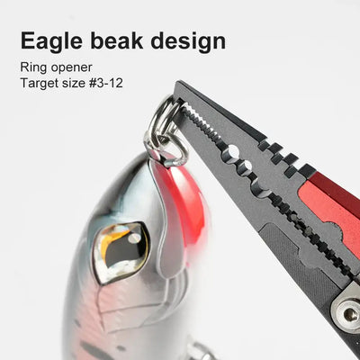 NOEBY eagle-beak split ring opener with red insert and serrated jaw