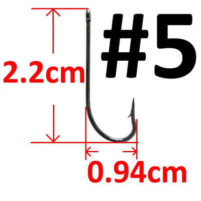 Barbed long shank fishing hook, dark metal; size #5, 2.2cm long, 0.94cm gap
