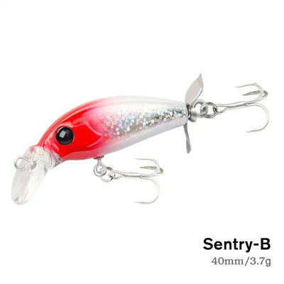 Sinking minnow lure 40mm/3.7g, red-and-silver body, propeller tail and treble hooks
