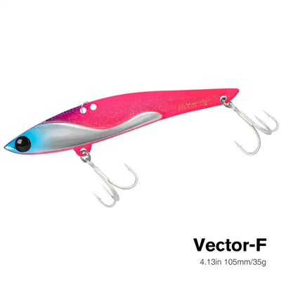 Metal vibration fishing hard bait lure, pink top with silvery belly and three treble hooks.