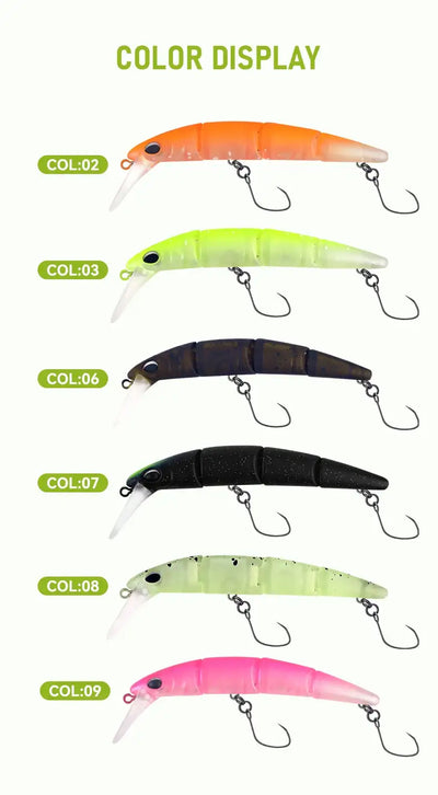 Color display of minnow crankbait lures: five colors shown with single hooks