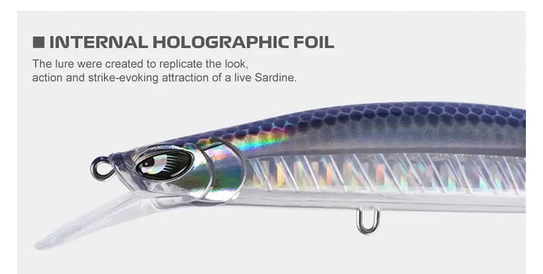 Blue and silver holographic foil minnow jerkbait with eye detail and lip