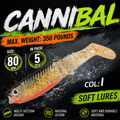 Meredith paddle tail swimbait set, 5-pack, 80mm: orange-gold glitter body with paddle tail.