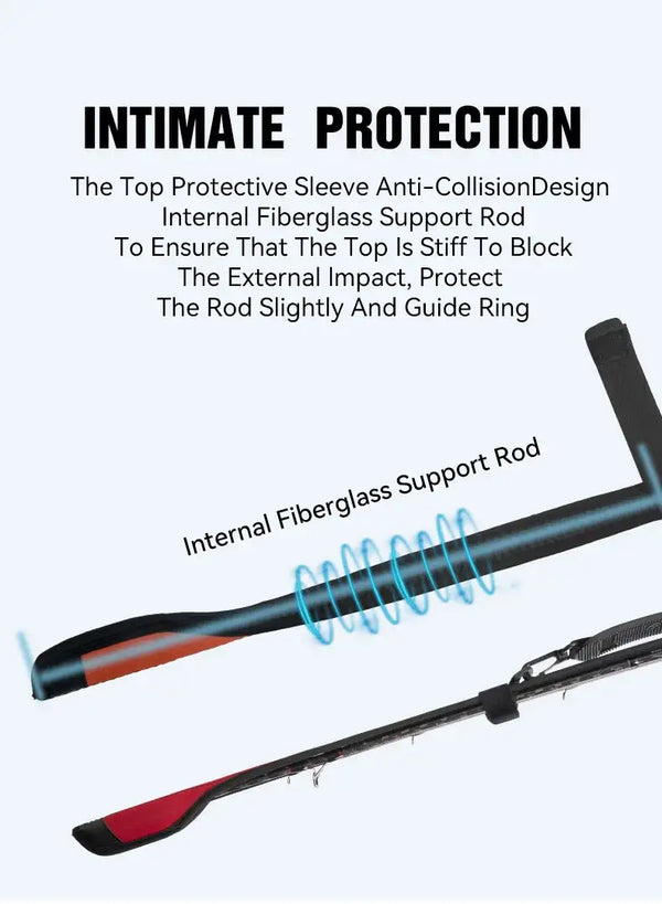 Black fishing rod protection sleeve with internal support and elastic strap for anti-collision