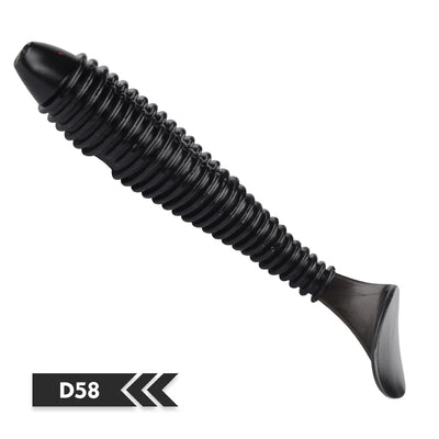 Soft silicone fishing lure, solid black, curved T-tail, D58 color