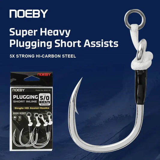 Inline single assist fishing hook with 5X hi-carbon steel, black-coated shank