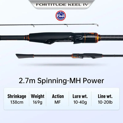 2.7m spinning MH power fishing rod, black blank with orange accents and Fuji badge