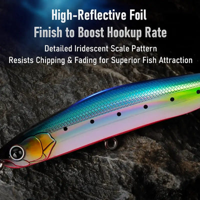 Blue, red, and silver sinking pencil lure with reflective scale pattern and treble hooks.