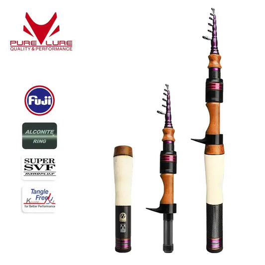 Telescopic fishing rod with cork handle, purple accents, and multiple line guides
