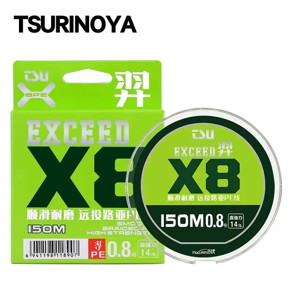 Green braided fishing line spool with EXCEED label, 150m on-card packaging