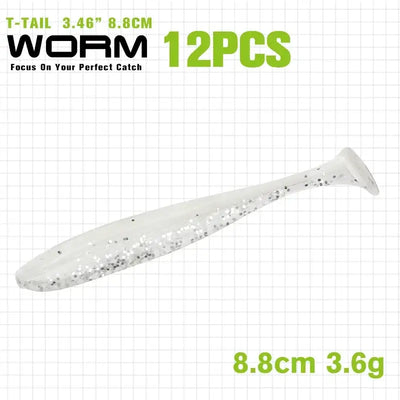 White T-tail soft plastic shad lure with silver glitter, 8.8 cm