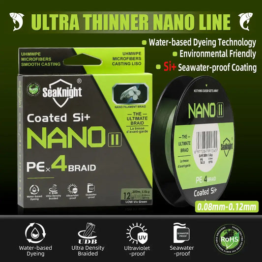 SeaKnight Nano II coated 4-strand braided fishing line, Hi-Vis green line spool and box