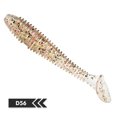 Soft silicone fishing lure, clear beige with multicolor speckles, T-tail, D56 color