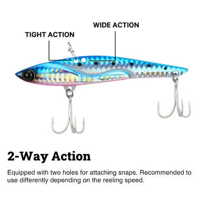 Metal vibration fishing lure, blue patterned body with two treble hooks and front holes