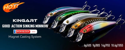 Assorted sinking minnow lures lineup with different colors and 3D eyes, treble hooks