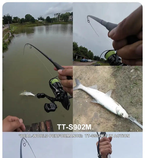 Spinning fishing rod held over a lakeshore, with lure and fish caught in the area