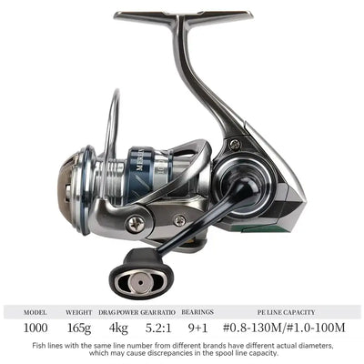 Ultralight spinning reel model 1000 with metal spool, silver handle, and specs label