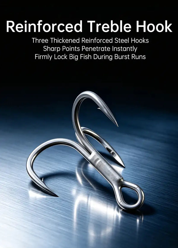 Single reinforced treble hook; sharp metal treble with curved hook points